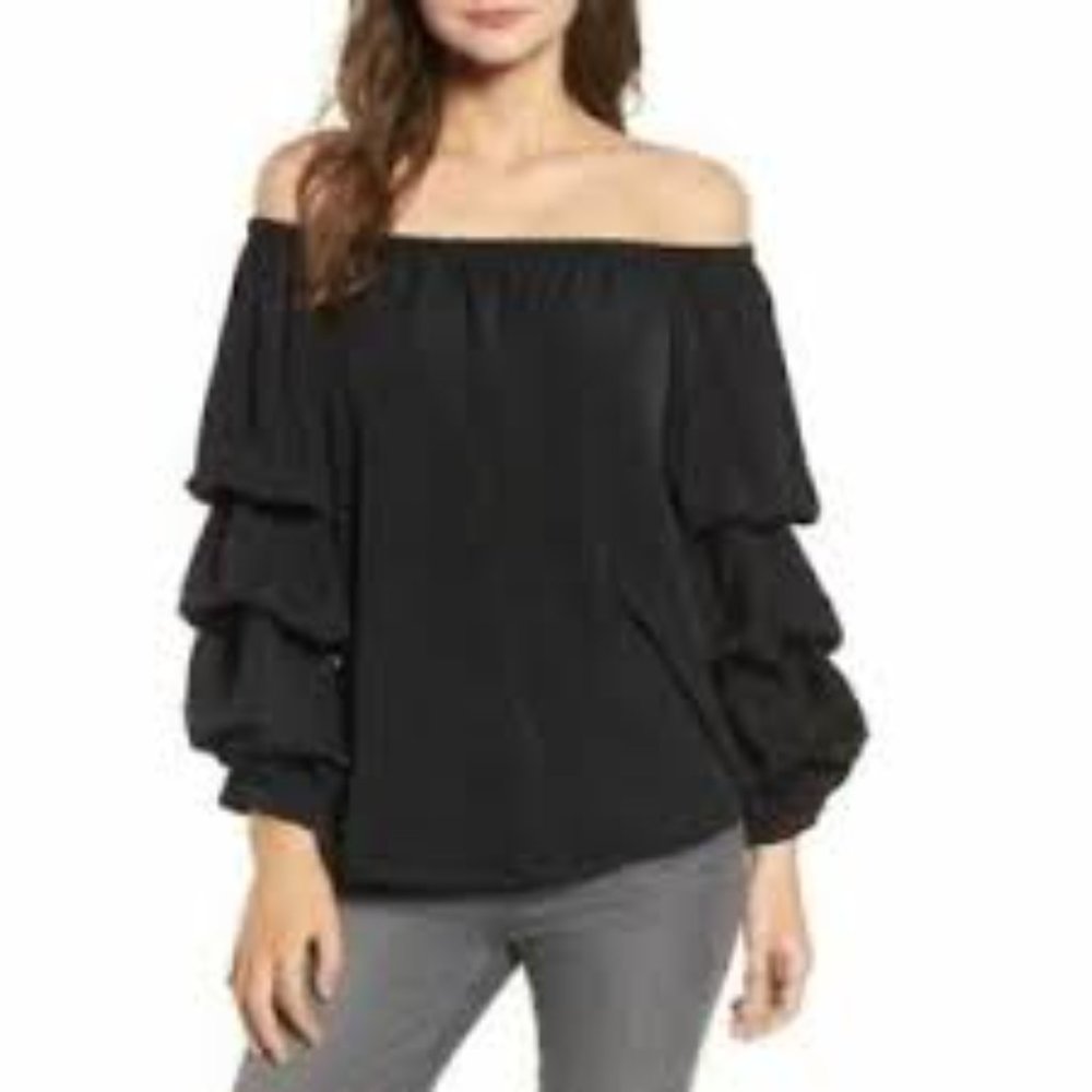 Chelsea28 Black Off the Shoulder Ruffle Sleeve Top